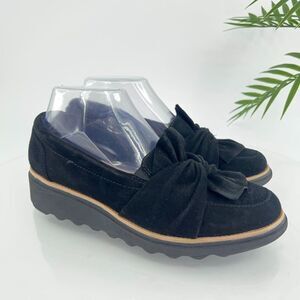 Clarks Women's Sharon Dasher Slip On Shoe Size 6.5 Low Wedge Loafer Black Suede